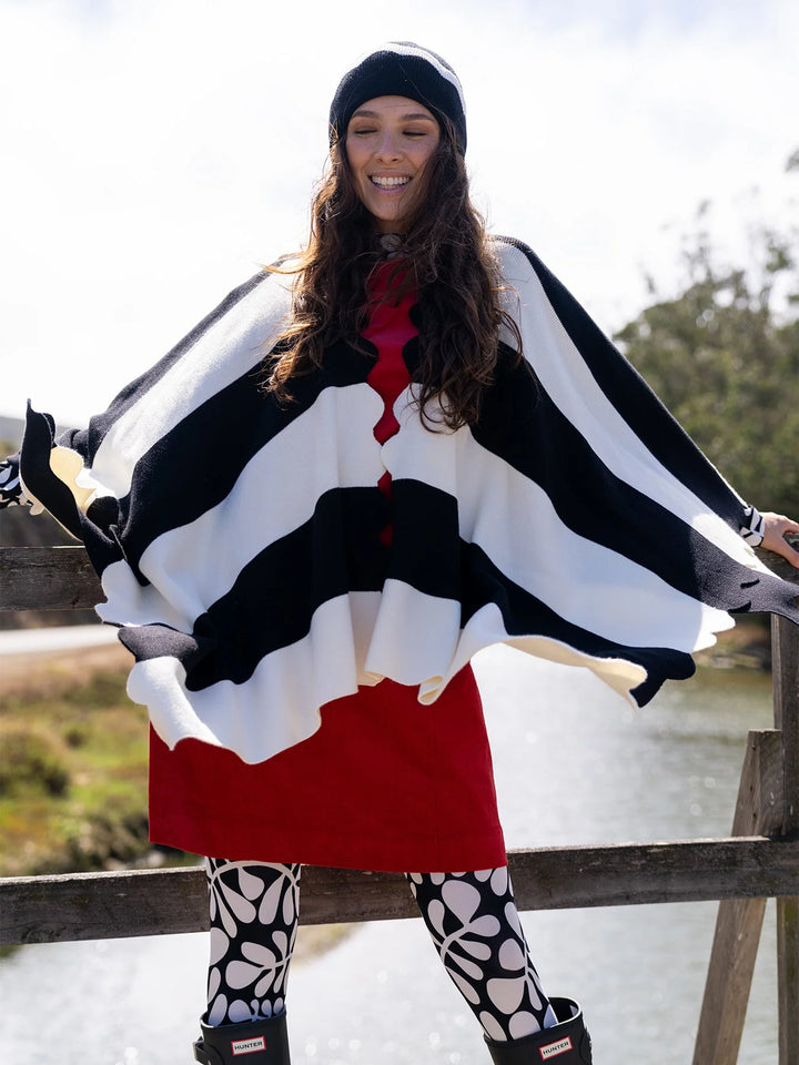 PORTIA Scalloped Cape | Black/Ivory Stripe