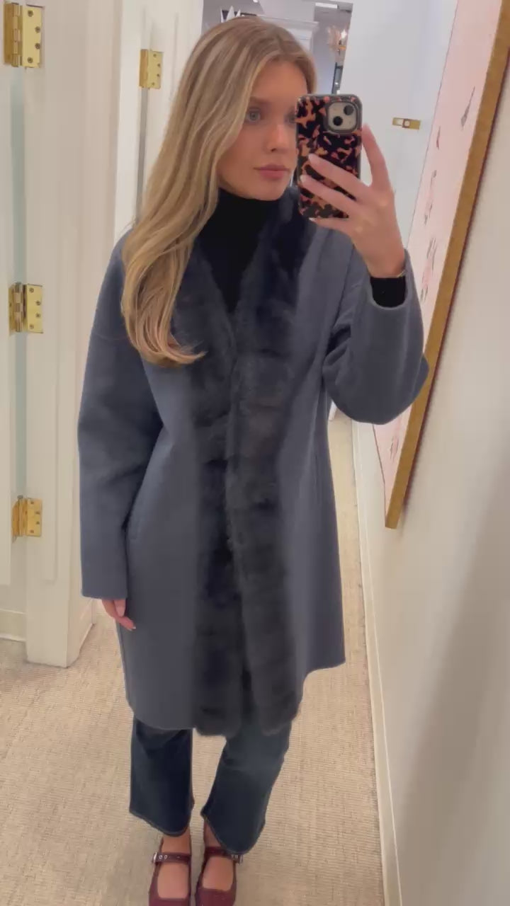 Cashmere & Wool Blend Long Coat w/ Genuine Mink | Denim Blue