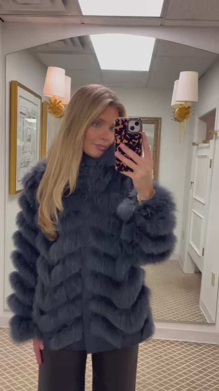 Genuine Fox Fur Chevron Coat | Navy