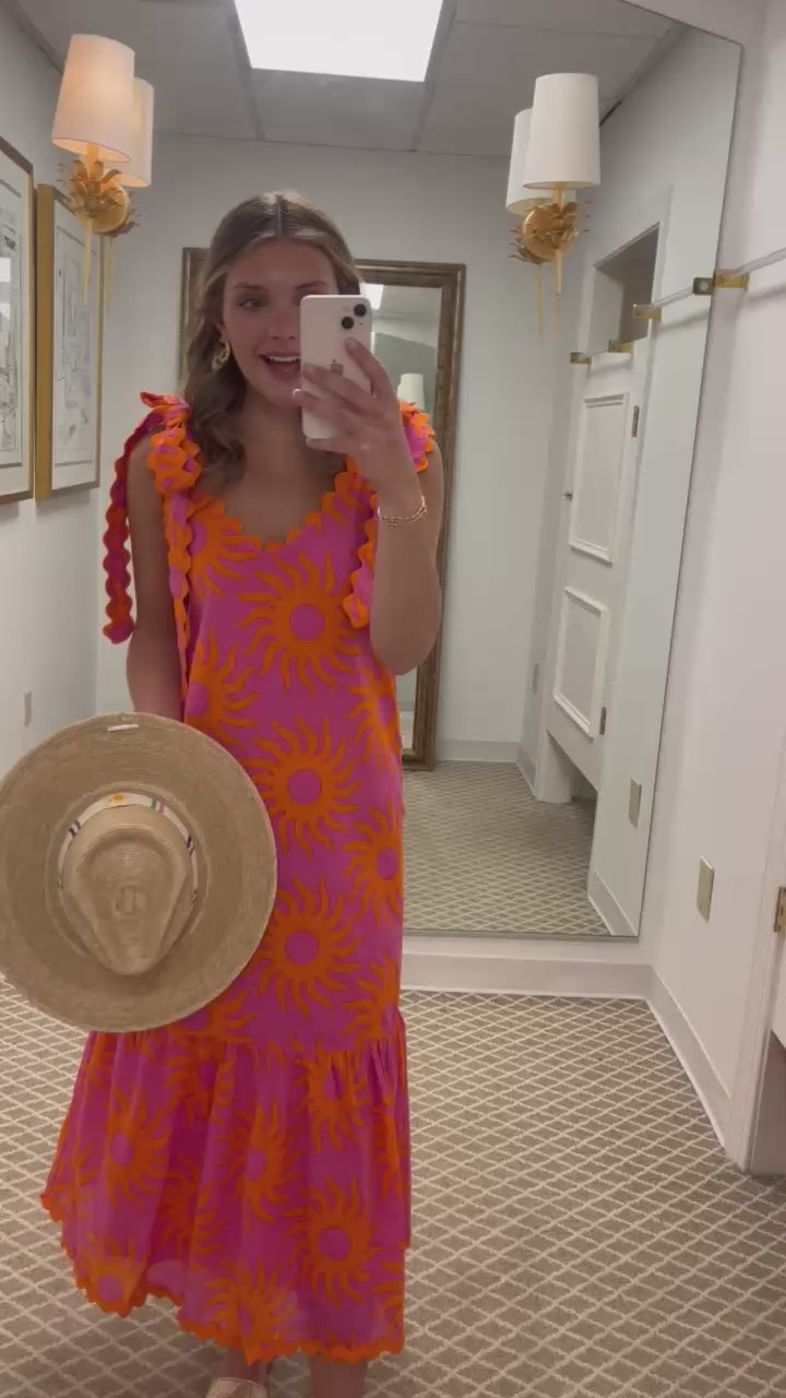 Mara Ric Rac Tie Strap Midi | Pink & Orange