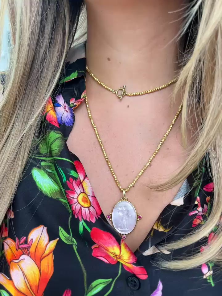 14kt Baby Rosa Venetian Glass Pendant + Gold Nugget Beaded Toggle Necklace