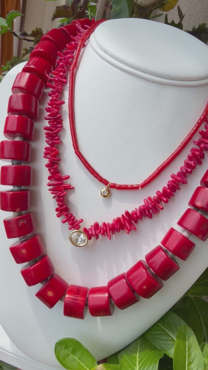 Bamboo Coral Beaded Necklace with CZ Oval Pendant