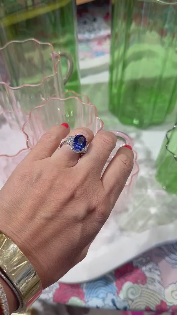 14k W/G Oval Tanzanite Three Stone Diamond Ring