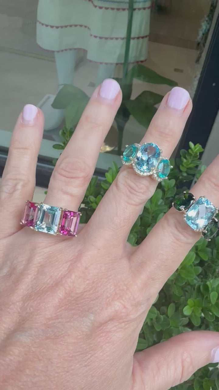 14kt Gold Ring with Blue Topaz Center, Apatite Sides & Halo of Diamonds
