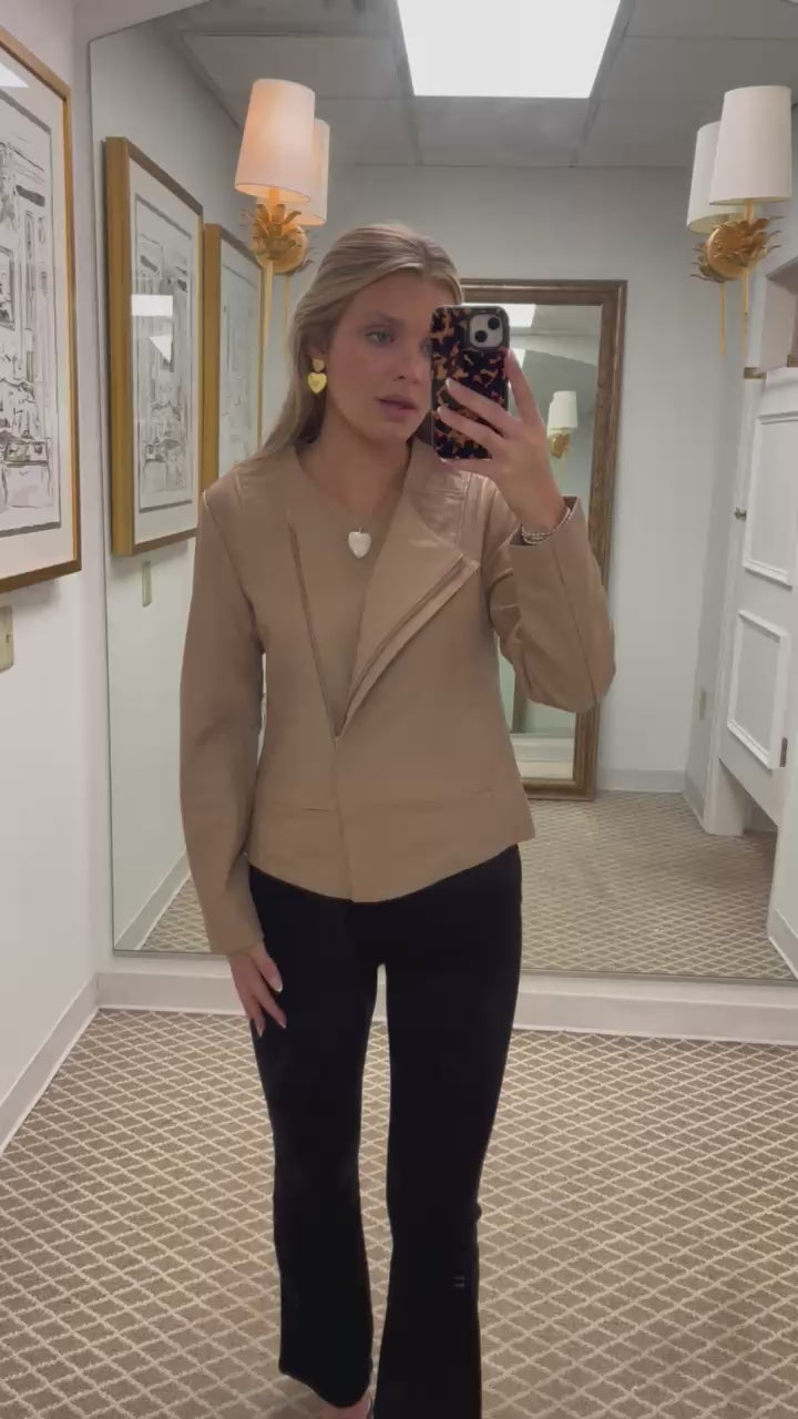Collarless Lamb Leather Zip Up Jacket | Beige