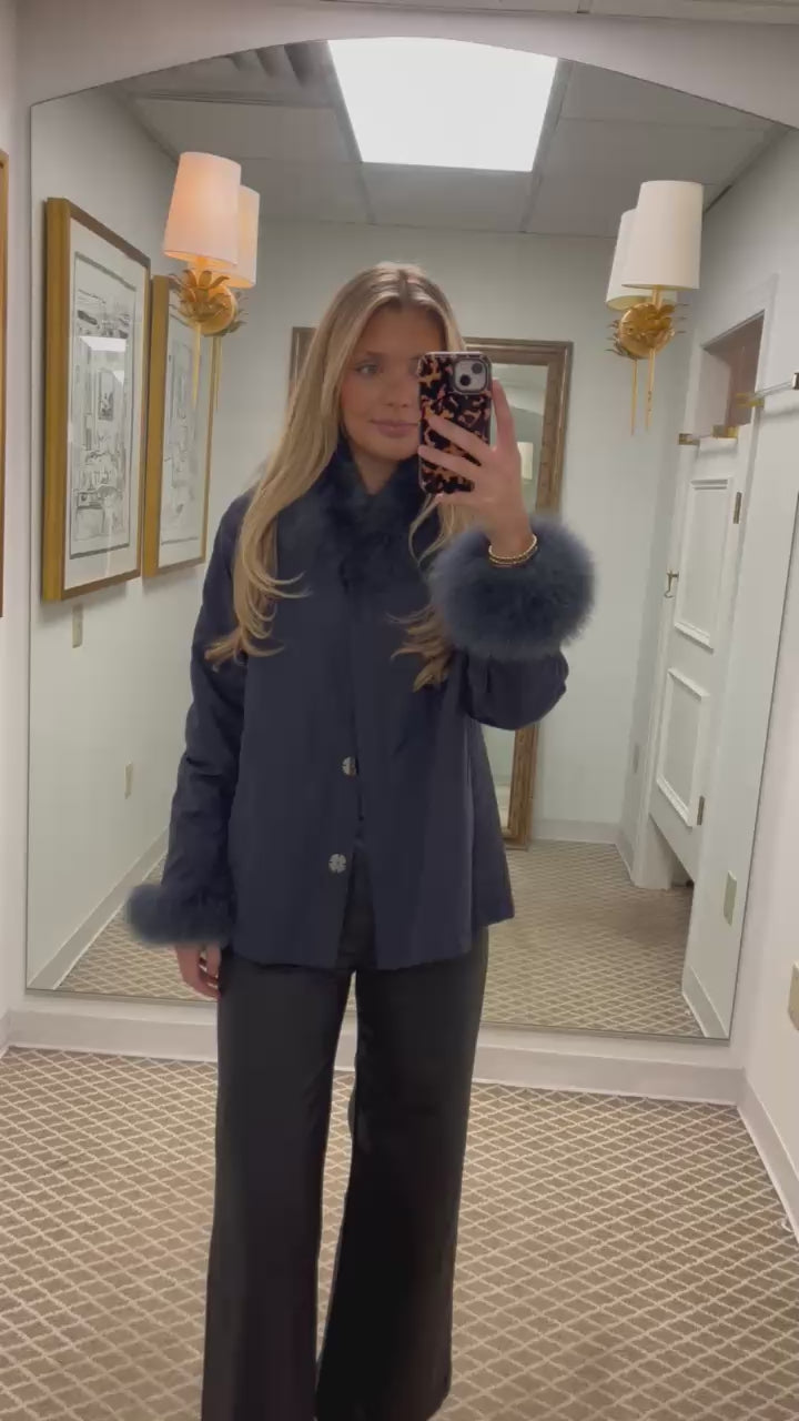 Genuine Fox Fur Chevron Coat | Navy