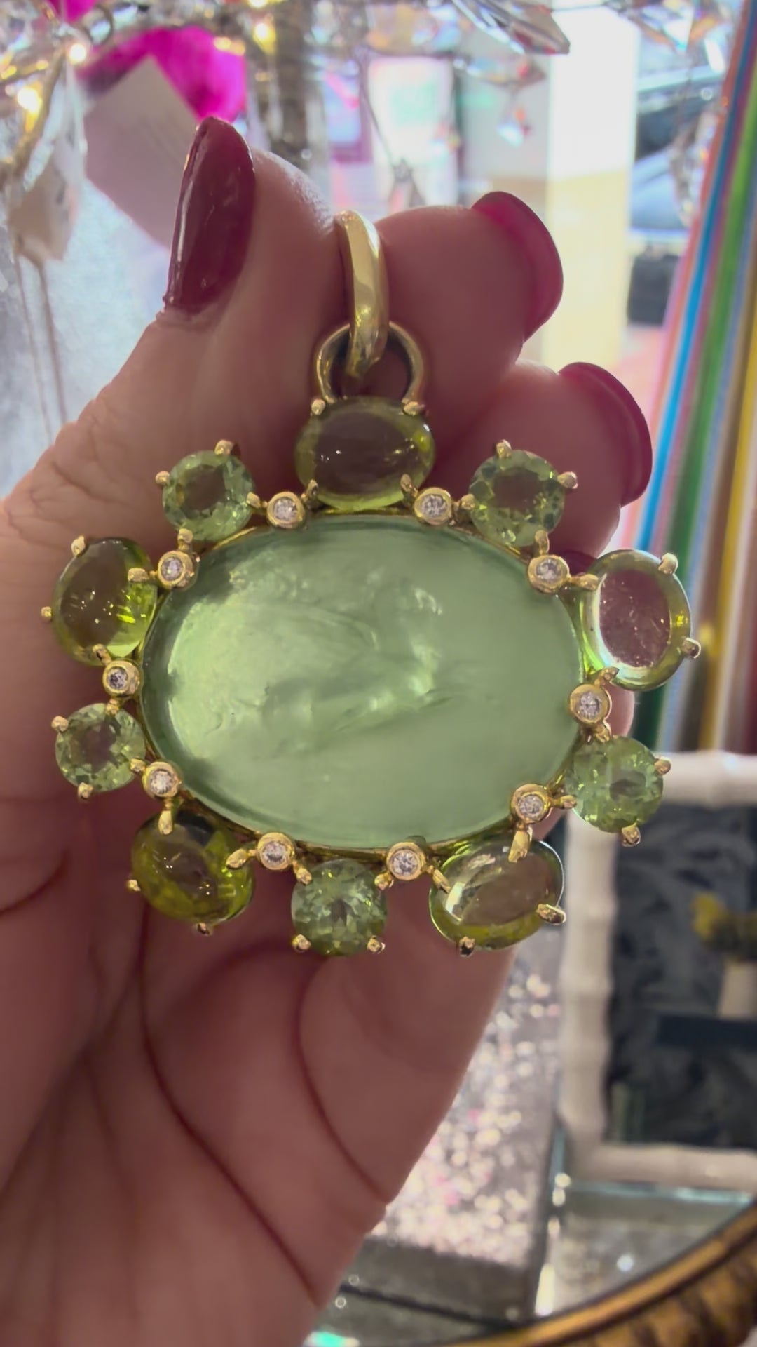 14kt Venetian Glass Pendant Surrounded in Green Tourmaline and .20ct Diamonds