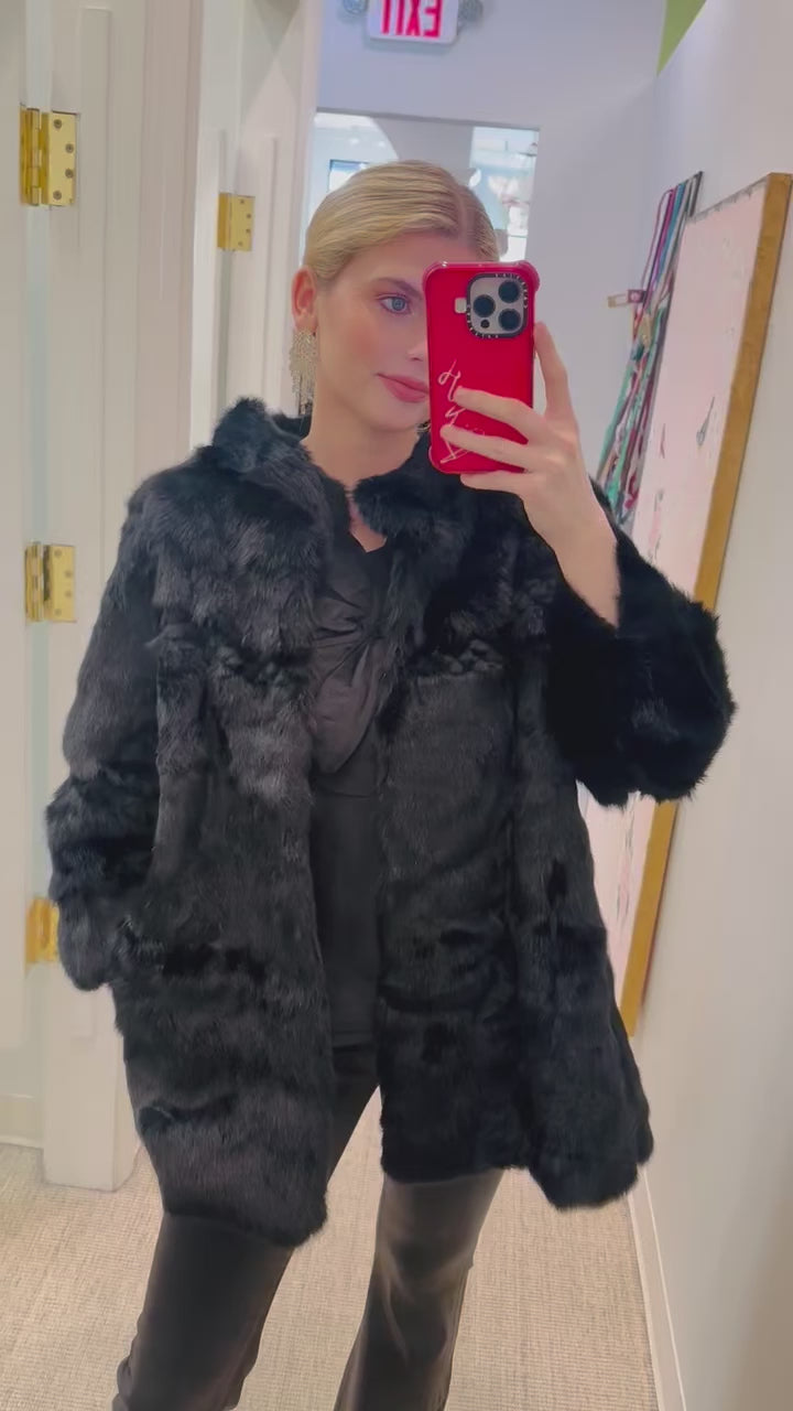 Black Genuine Rabbit Long Fur Jacket