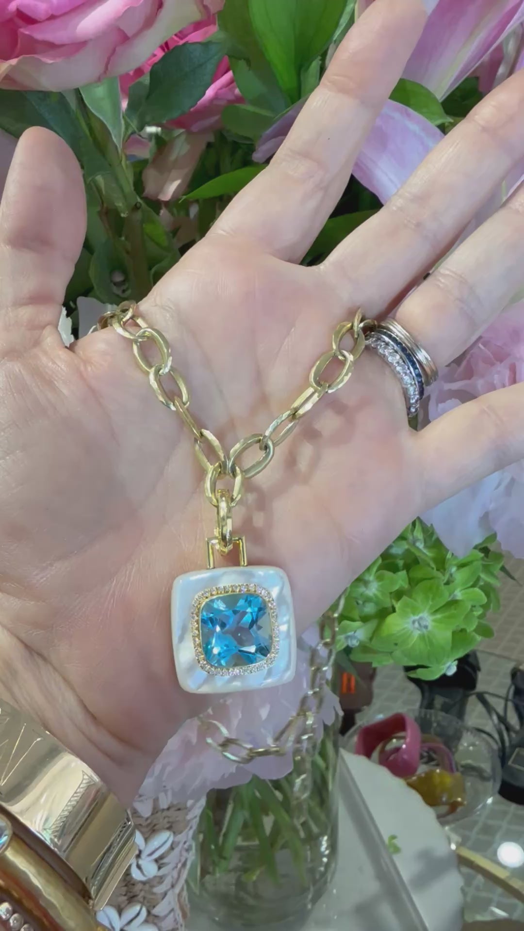 14kt Mother of Pearl Pendant with Blue Topaz & .2ct Diamond P17641DBT