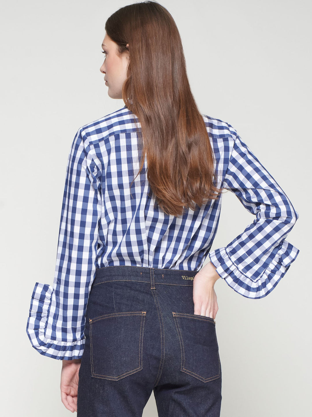 Gingham Ruffled Shirt | Navy/White