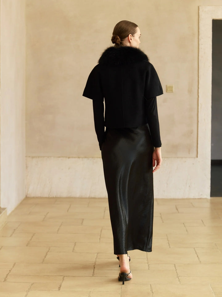 Short-Sleeve Jacket with Fur Collar | Black