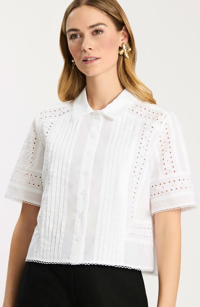 Sabrina Pleated Eyelet Blouse | White