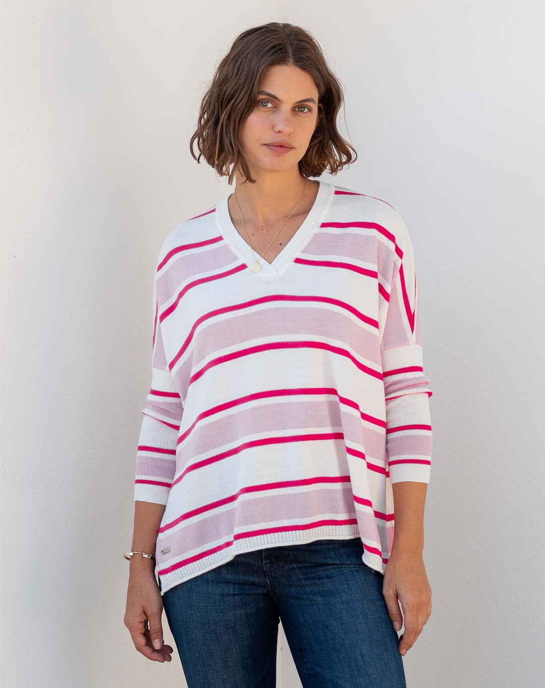 Catalina V-Neck Sweater | Pink Stripe