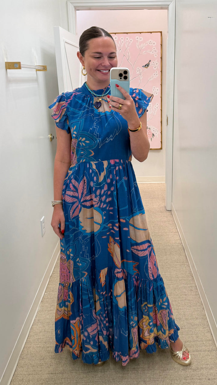 Mock Neck Flutter Maxi | Antico Blue