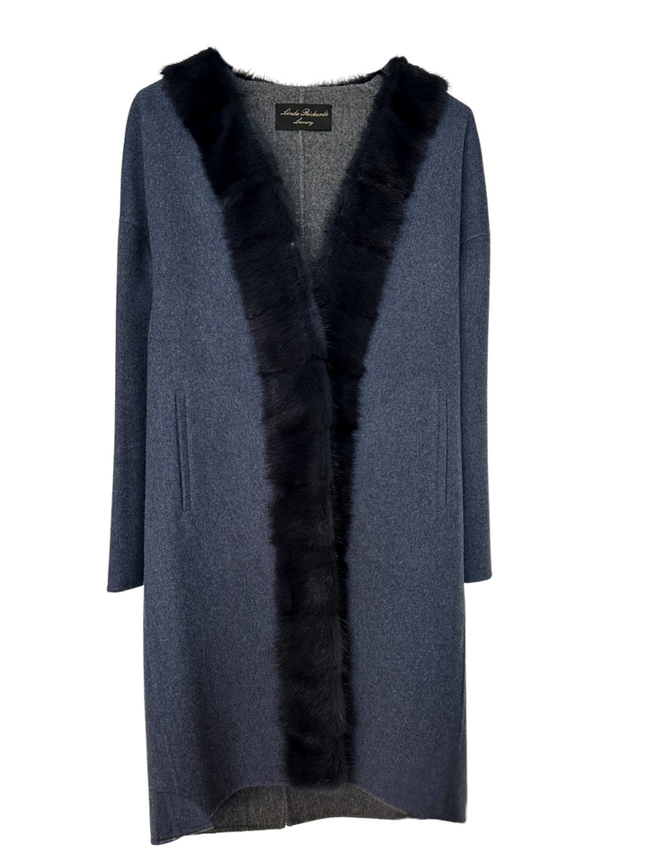 Cashmere & Wool Blend Long Coat w/ Genuine Mink | Denim Blue
